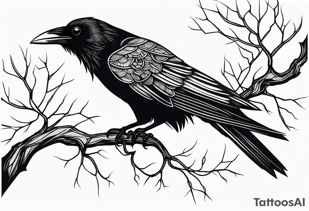 a black raven hanging on a tree branch tattoo idea