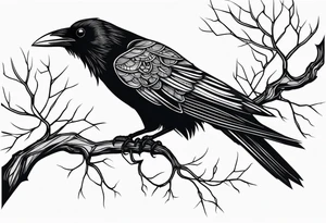 a black raven hanging on a tree branch tattoo idea