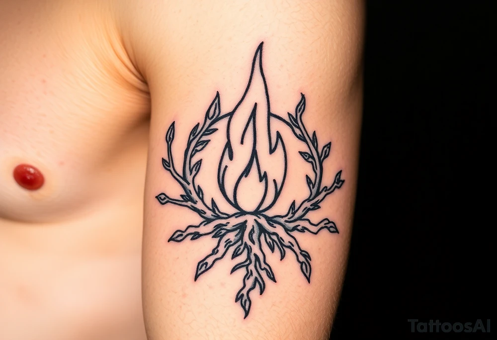 flame in a blooming roots circle tattoo idea