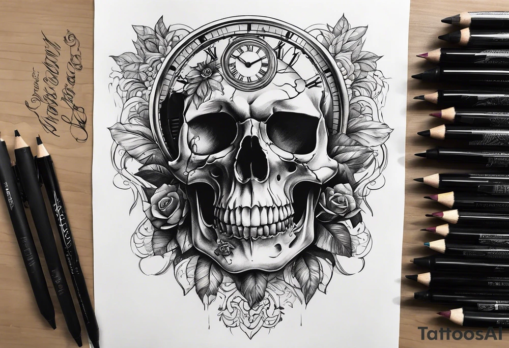Skull, clock, stairs tattoo idea