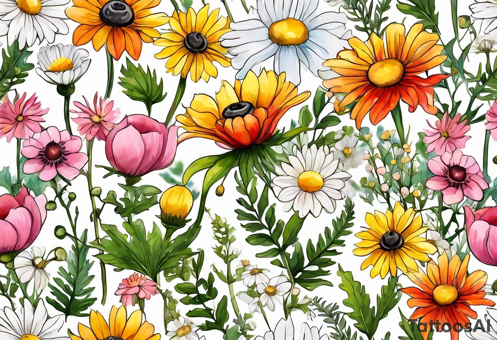 simple wildflowers cascading with thistles, ferns, white anemones, sun flowers, yellow flowers, red flowers, pink flowers, green flowers, buttercups, orange flowers, babys breath and daisies all in watercolor tattoo idea