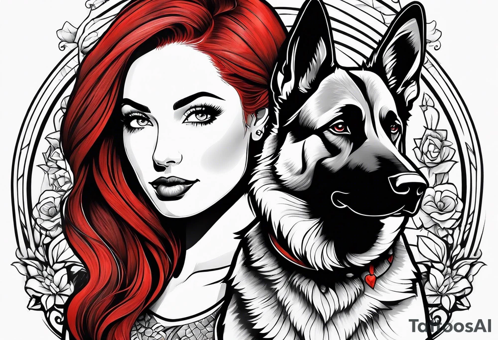 red hair woman with German shepherd dog tattoo idea