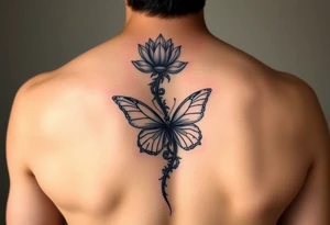 Elegant spine tattoo with lotus flower and butterfly with cracked wings mid back down tattoo idea