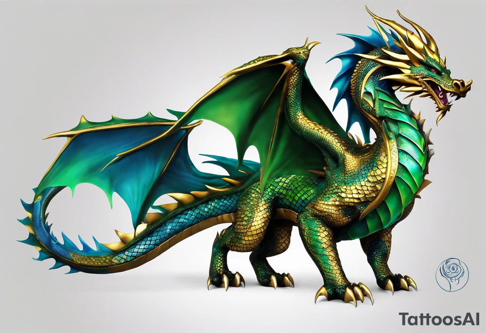 An epic dragon, its body coiling dynamically, with scales and horns detailed to create a sense of movement and strength. The dragon features accents in green, blue, and gold, giving a vibrant depth and a mystical aura. This tattoo highlights the dragon’s fierce expression and sharp claws as it wraps protectively around the leg. It does not have wings. Style: Realism tattoo idea