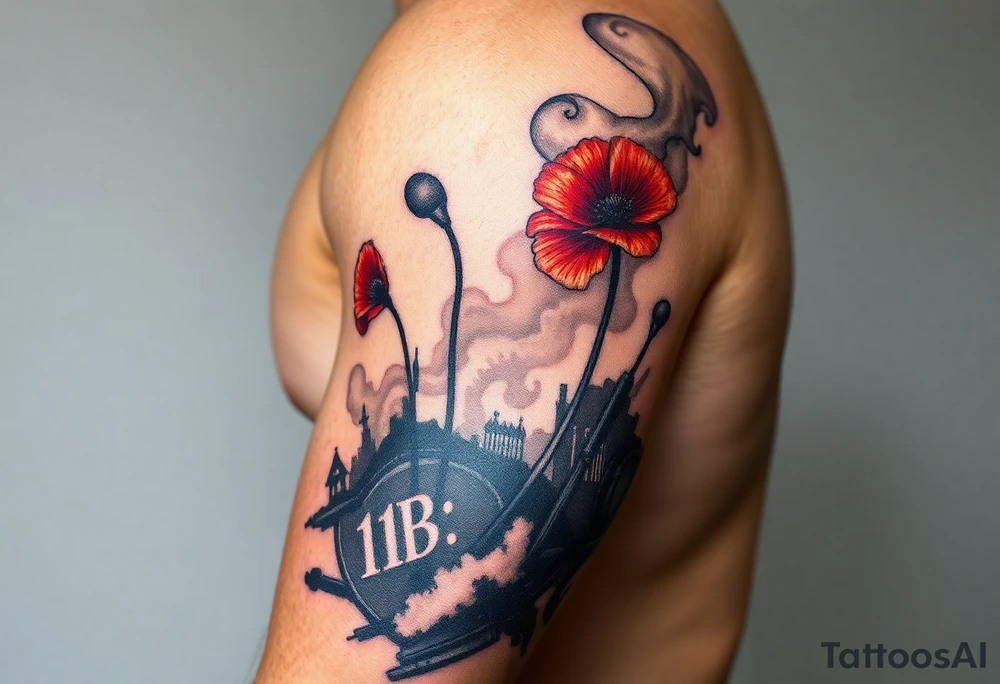 War zone with 2 poppy’s growing out of the smoke with 11B in the background and layer this over a map tattoo idea
