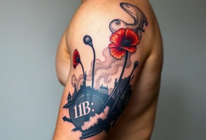 War zone with 2 poppy’s growing out of the smoke with 11B in the background and layer this over a map tattoo idea