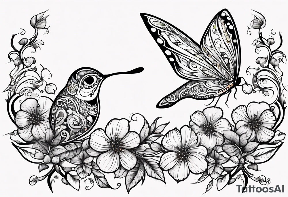 Winding branches and leaves and tiny flowers with a small moth and bubbles tattoo idea