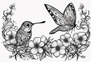 Winding branches and leaves and tiny flowers with a small moth and bubbles tattoo idea