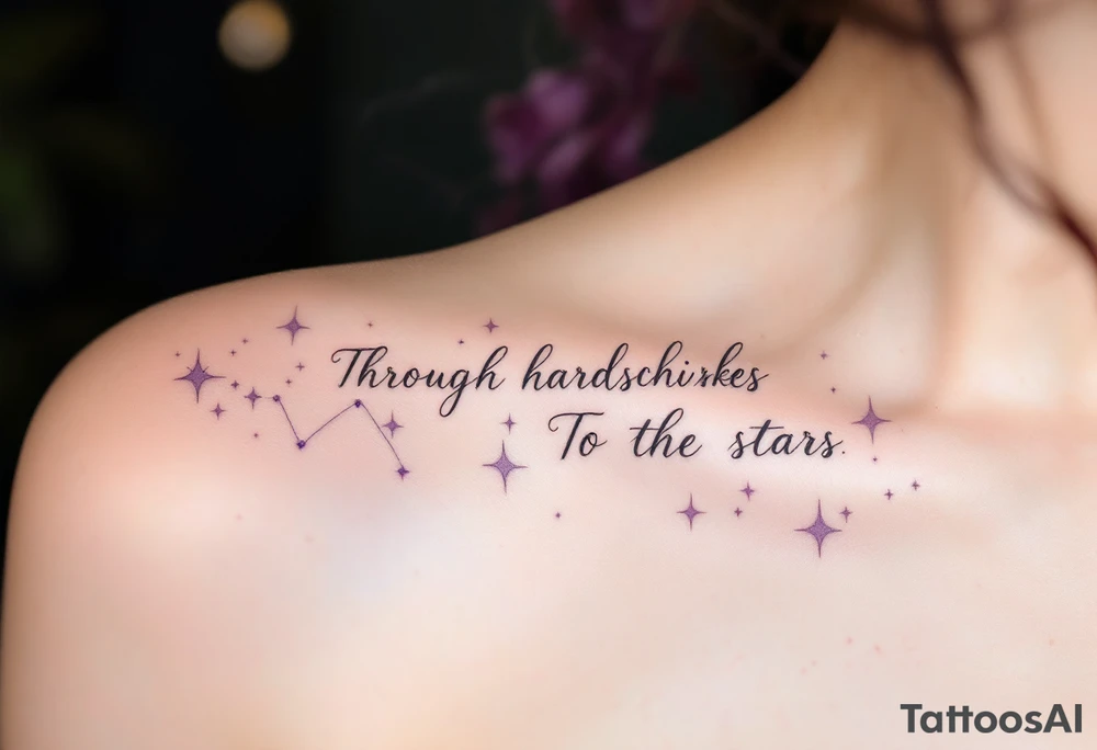 A soft gray script of “Through hardships To the stars” stretches beneath a pale lavender constellation on the shoulder blade. tattoo idea