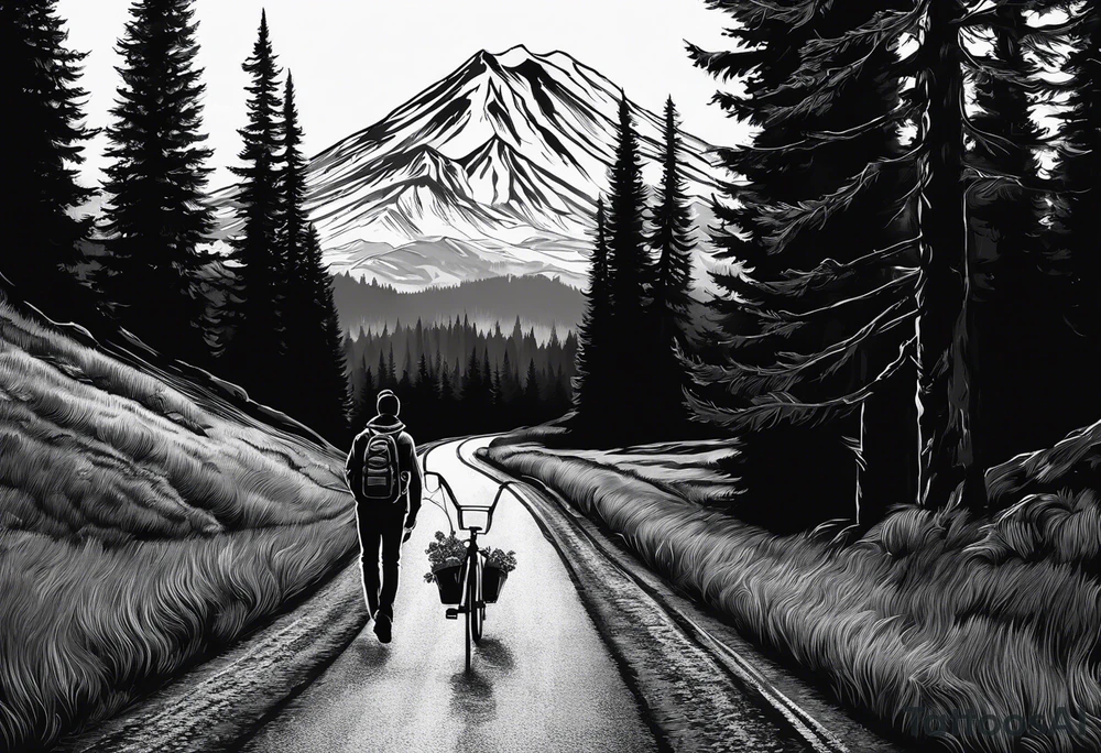 A man with a backpack walking down a road lined with trees, holding a bicycle towards a mountain. I want the design to be portrait and sort of a vanishing road towards the mountain. The mountain is Black Tusk in British Colombia tattoo idea