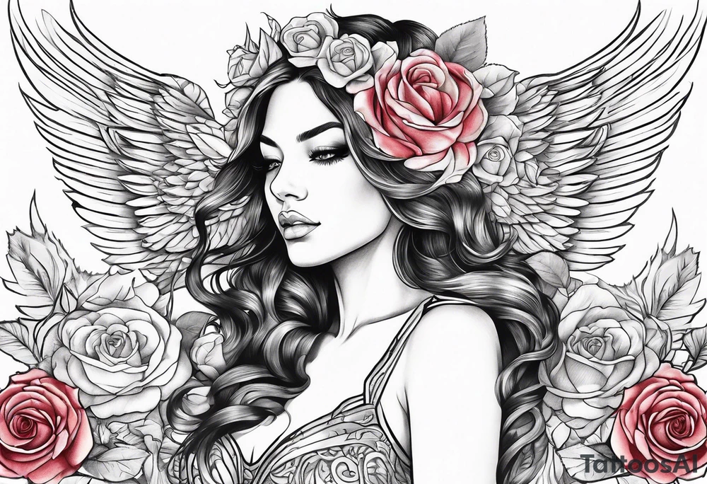 Beautiful woman angle with wings standing surrounded by roses tattoo idea