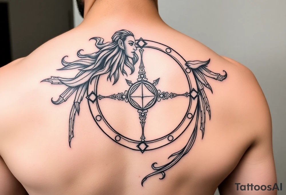 Viking Shield maiden, black work, intricate lines, realistic, complex tattoo idea