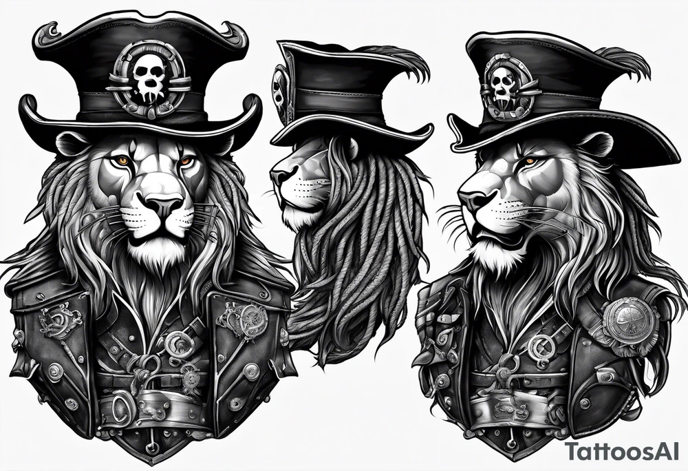 Pirate lion wearing jacket, sword and pistol, nautical steampunk theme. dreadlocks. pirate vessel tattoo idea