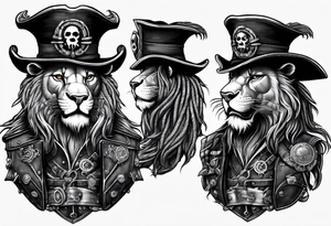 Pirate lion wearing jacket, sword and pistol, nautical steampunk theme. dreadlocks. pirate vessel tattoo idea