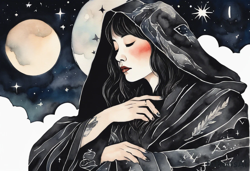 a beautiful 50-year-old Dakota woman wearing black cloak with the night sky in the background tattoo idea