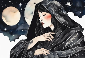 a beautiful 50-year-old Dakota woman wearing black cloak with the night sky in the background tattoo idea