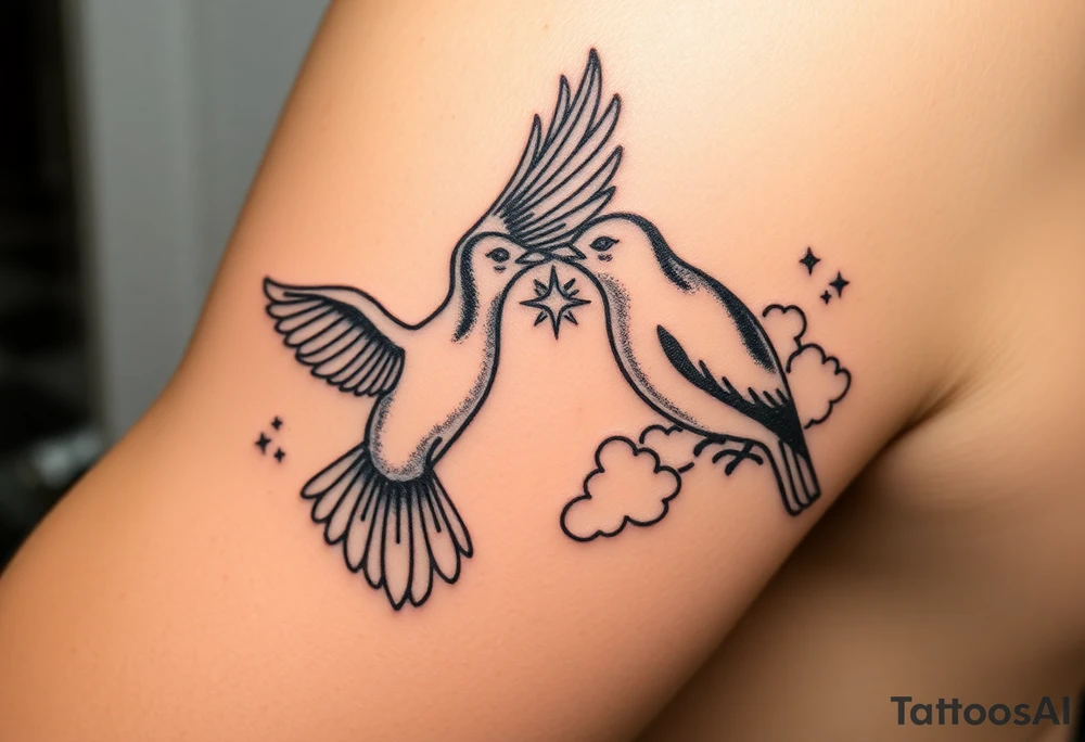 Dove and a blue jay, clouds, shining light to or from heaven tattoo idea
