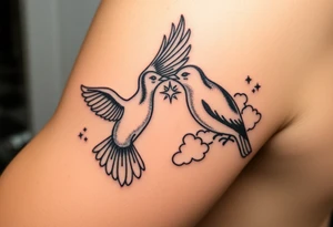 Dove and a blue jay, clouds, shining light to or from heaven tattoo idea
