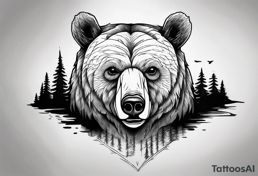 bear head right above the forest line with a lake below, full arm sleeve tattoo tattoo idea