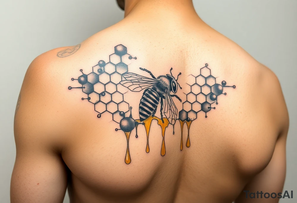 steampunk design of honeycomb with bee and dripping honey on the upper arm and shoulder tattoo idea