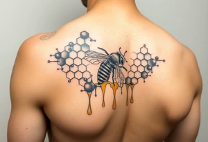 steampunk design of honeycomb with bee and dripping honey on the upper arm and shoulder tattoo idea