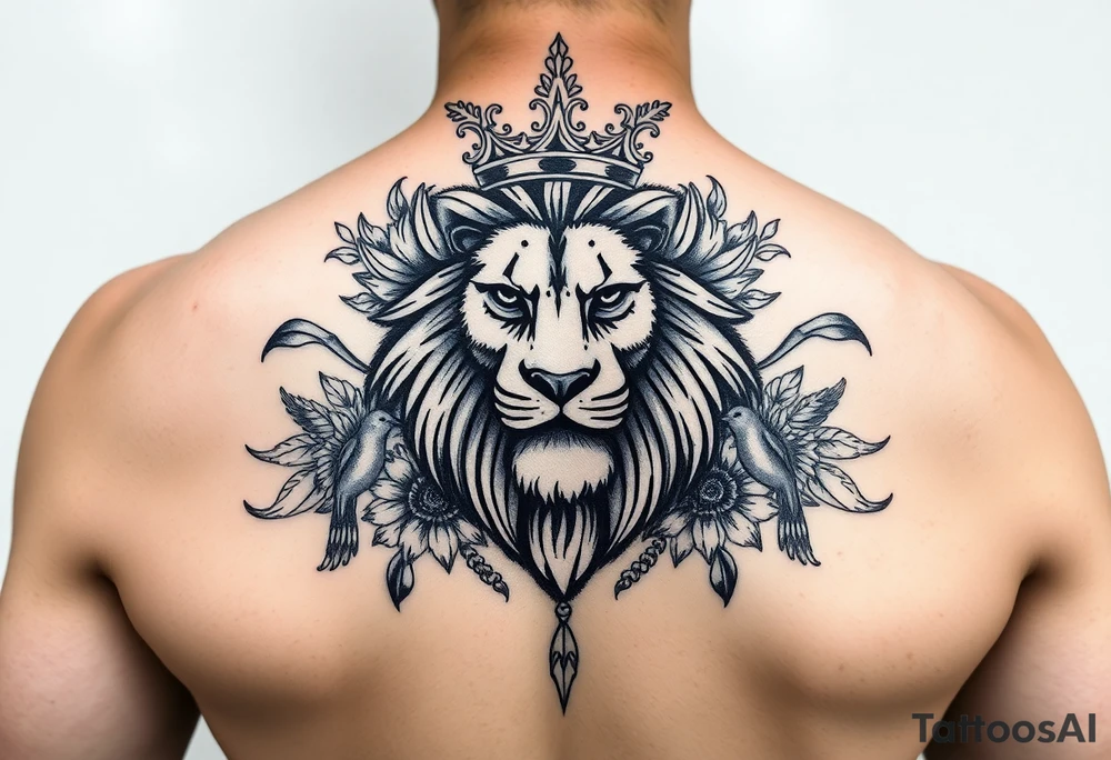 powerful majestic lion with a crown, surrounded by floral ornaments and birds tattoo idea