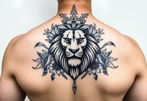 powerful majestic lion with a crown, surrounded by floral ornaments and birds tattoo idea