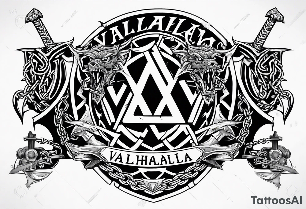 Valhalla sword shield dragon axe Valknut barbed wire chains tattoo idea Valhalla sword shield dragon axe Valknut barbed wire chains tattoo idea
