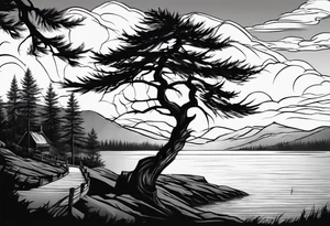 Sleeve tattoo windswept pine tree before lake with low cliff face on another side of lake. Mastiff silhouette in the foreground. with a dock coming out from the shore. Canadian shield tattoo idea