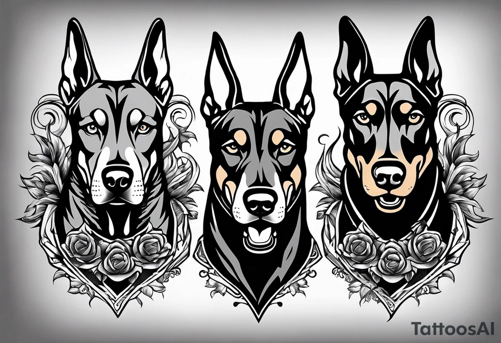 3 very angry Dobermans with fangs tattoo idea