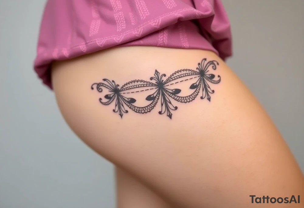 A negative space garter tattoo design, where the lace details are subtly left out tattoo idea