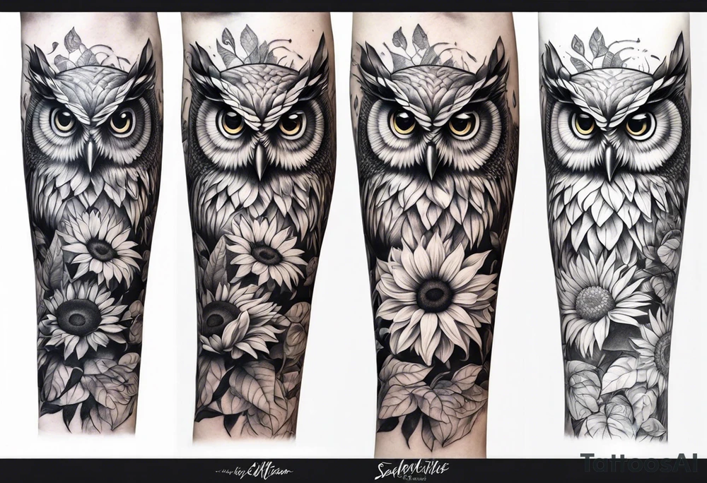 Arm sleeve with owl and sunflowers tattoo idea