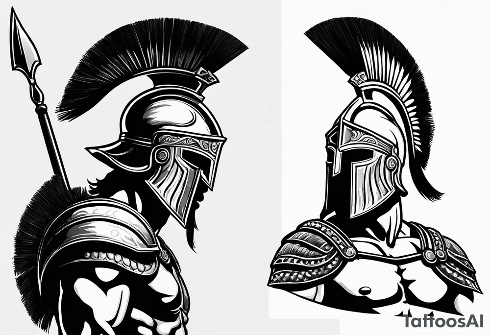 greek spartan warriors black face under the helmet, holding a spear tattoo idea