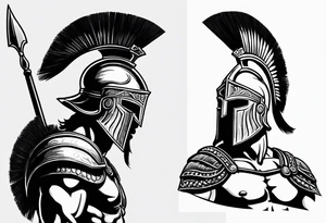 greek spartan warriors black face under the helmet, holding a spear tattoo idea