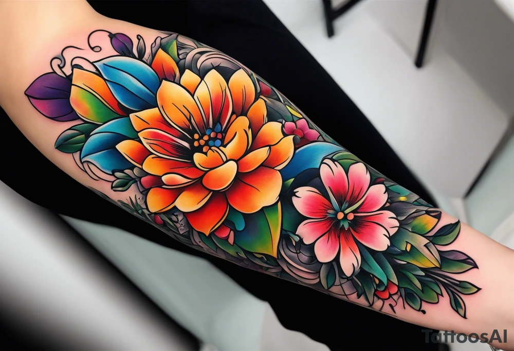 Arm sleeve dedicated to mom with rainbow flowers tattoo idea