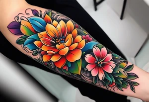 Arm sleeve dedicated to mom with rainbow flowers tattoo idea