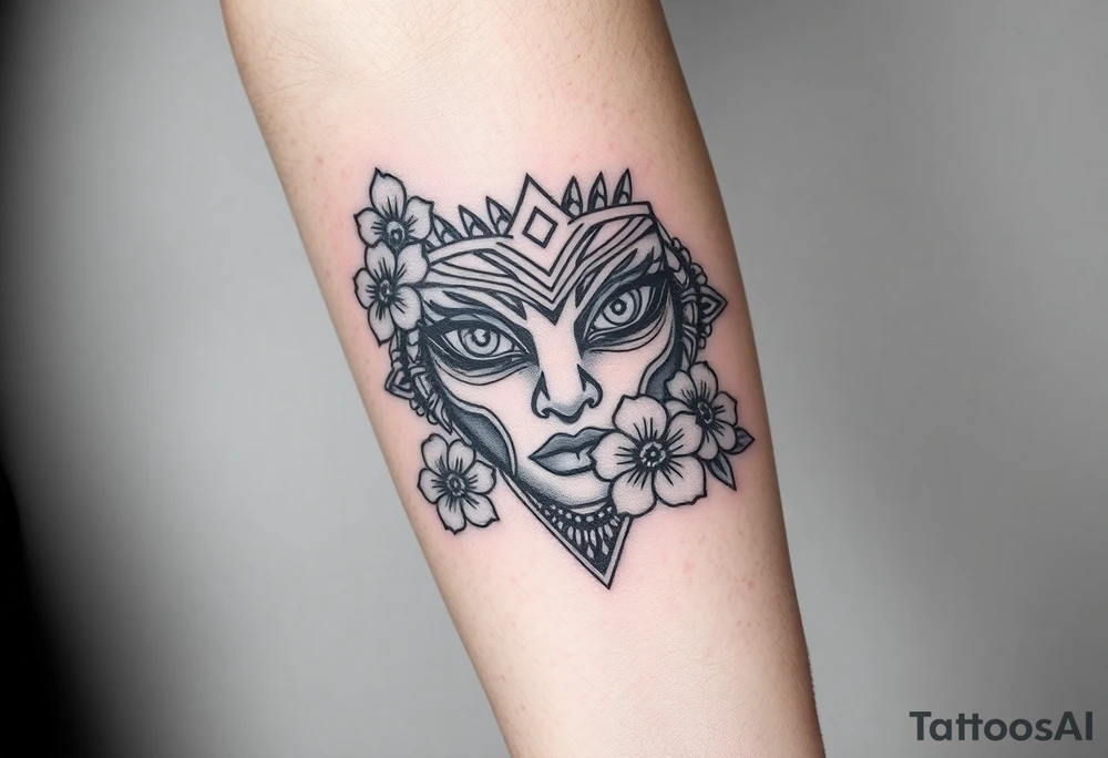 Saramarau women eyes warrior With cherry blossom around tattoo idea