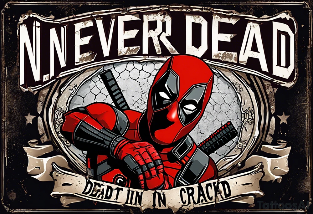 Banner with Text: A worn, dark banner wraps around Deadpool with the phrase "NEVER DEAD" in bold, cracked letters that give a strong and aggressive impression. The banner has small torn details, as if it’s been through rough conditions, with shading that adds depths. tattoo idea