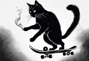 A black cat doing a kickflip on a Skateboard while smoking a joint. tattoo idea