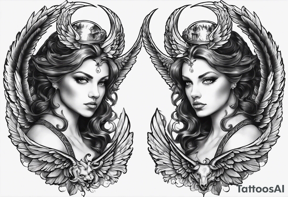 Here is the image of the angel and the devil gazing at each other, with the mirror-like effect transforming the angel into the devil. I hope it captures the concept you envisioned! tattoo idea