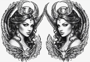 Here is the image of the angel and the devil gazing at each other, with the mirror-like effect transforming the angel into the devil. I hope it captures the concept you envisioned! tattoo idea