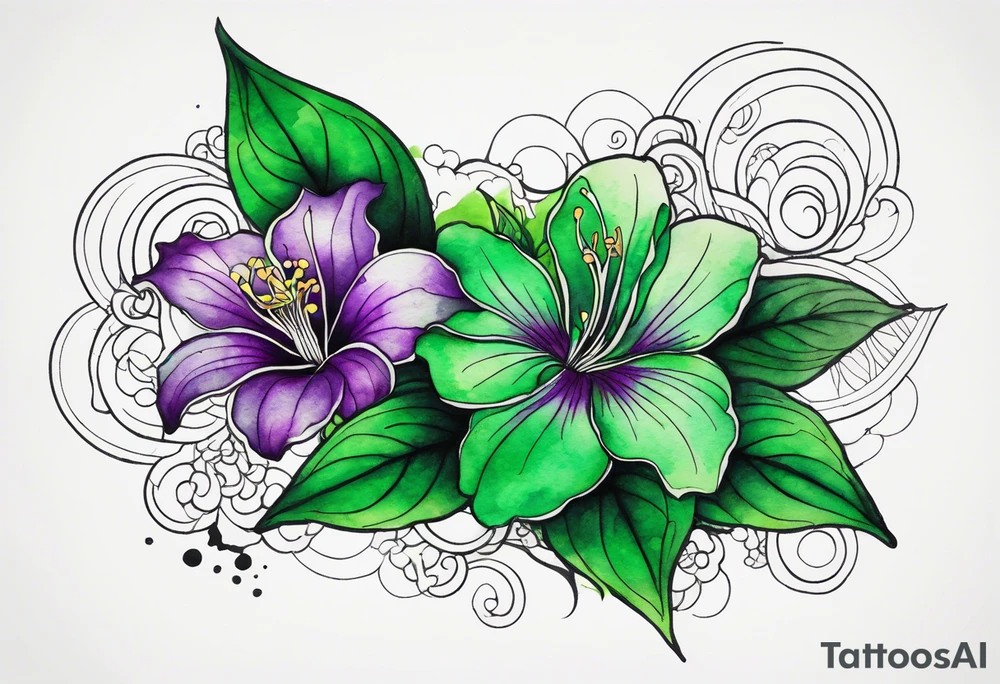 A mystical outline of a green with a bit of purple rio dipladenia flower and a green and purple watercolor splash in the background tattoo idea