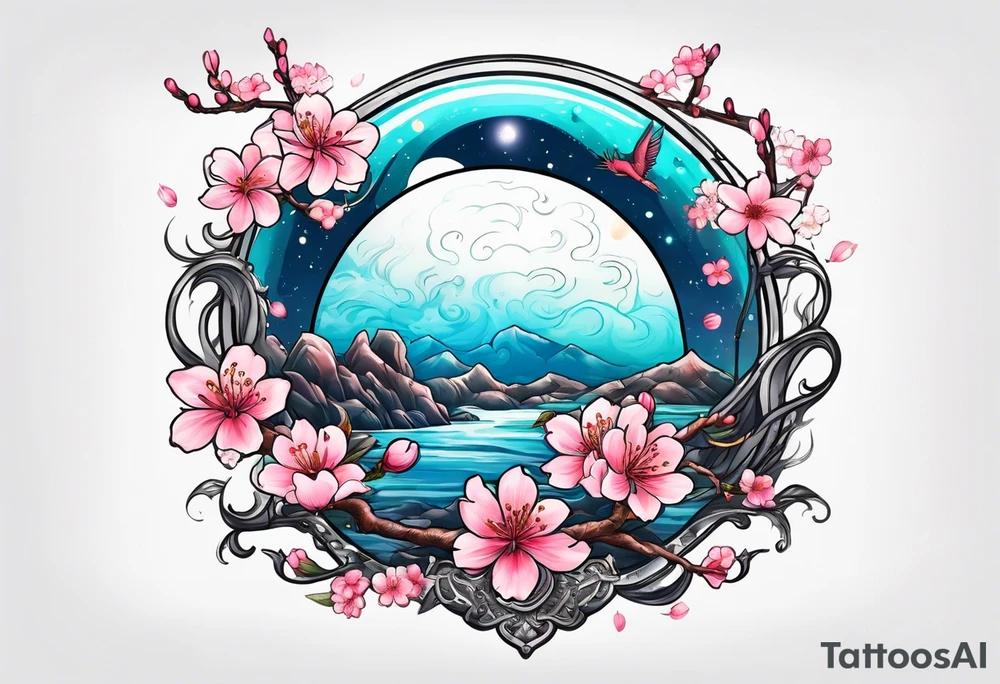 Neptune planet  with cherry blossom tattoo idea