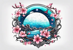 Neptune planet  with cherry blossom tattoo idea