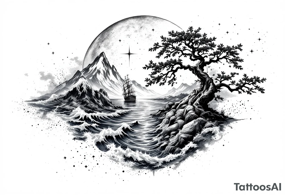 tattoo that has an acacia tree with mountains, ocean with a ship wreck and the northern star tattoo idea