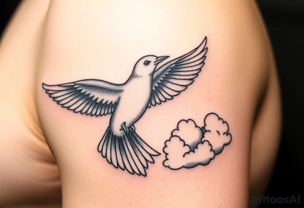 Dove and a blue jay, clouds, shining light to or from heaven tattoo idea