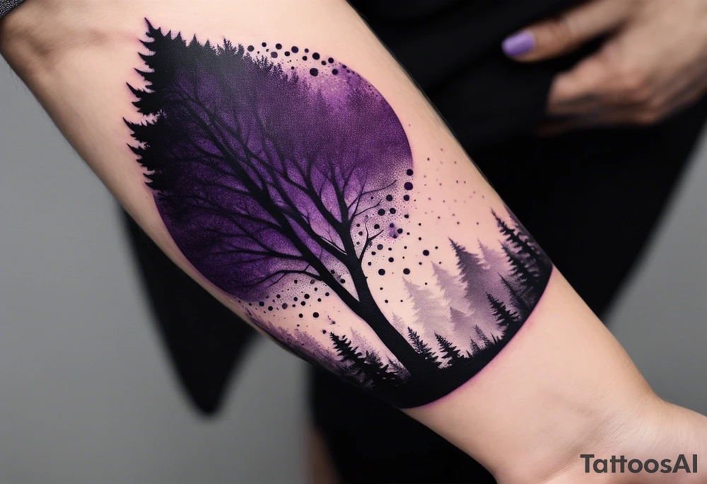 forest, purple and black, covered from wrist to forearm, fully covered, no borders, blackwork tattoo idea