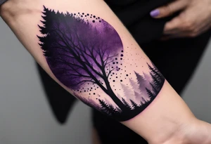 forest, purple and black, covered from wrist to forearm, fully covered, no borders, blackwork tattoo idea