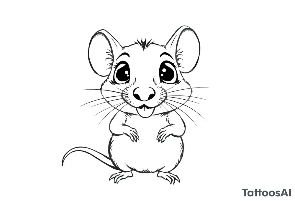 so--try it from the profile...a big head, big eyes, outside the head, big nose
A rat standing uprightwith all his body
Very large, bulging eyes popping out
A cheeky smile
Cartoon style, not baby-like

i like the first one, but try another position of the head tattoo idea
