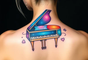 Colorful galaxy grand piano tattoo idea